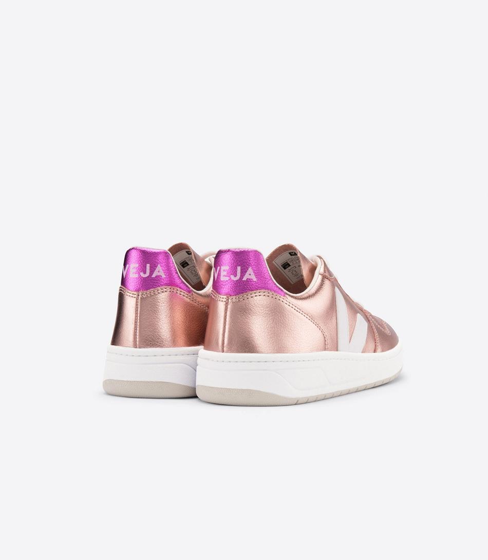 Veja V-10 Koža Nacre Fushia Outlet Adults Bijele | GHRUC47757