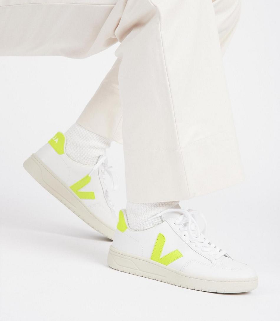 Veja V-12 Koža Jaune Fluo Outlet Adults Bijele | DHRKV61164